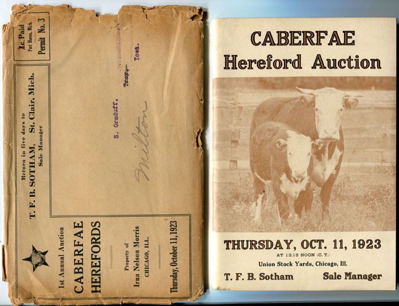 Caberfae Hereford Auction. Thursday, Oct. 11, 1923 At 12:15 Noon (C.T.). Union Stock Yards, Chicago, Illinois T.F.B. Sotham, Sale Manager, St. Clair, Michigan