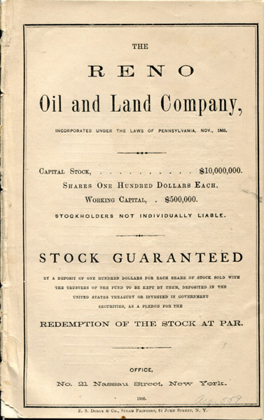 The Reno Oil And Land Company, Incorporated Under The Laws Of Pennsylvania, Nov., 1865 GROW, GALUSHA A. [PRESIDENT]