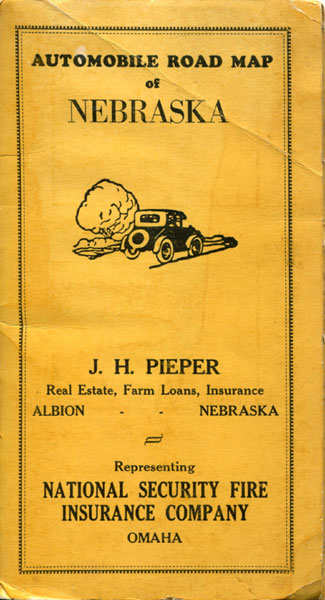Automobile Road Map Of Nebraska Produced By J.H. Pieper, Albion, Nebraska