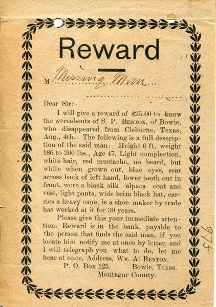 Wanted Broadside Issued By Wm. A. Benton Of Bowie, Texas WILLIAM A. BENTON