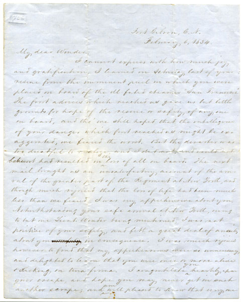 Autographed Letter Signed From Horatio Gates Gibson To [Lieutenant] Winder Discussing The Wreck Of The Steamship San Francisco HORATIO GATES GIBSON