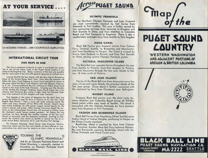 Map Of The Puget Sound Country. Western Washington And Adjacent Portions Of Oregon & British Columbia Black Ball Line, Puget Sound Navigation Co., Seattle, Washington