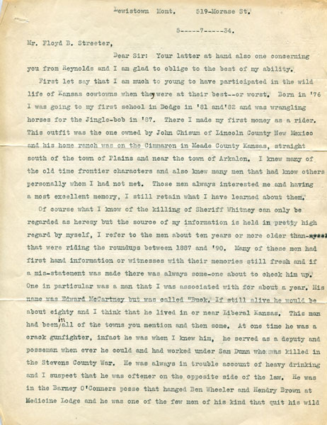 Five Astonishing Letters Concerning Western Outlaws Sent To Floyd B. Streeter PINK (HARRY THOMAS "PINK" SIMMS) SIMMS