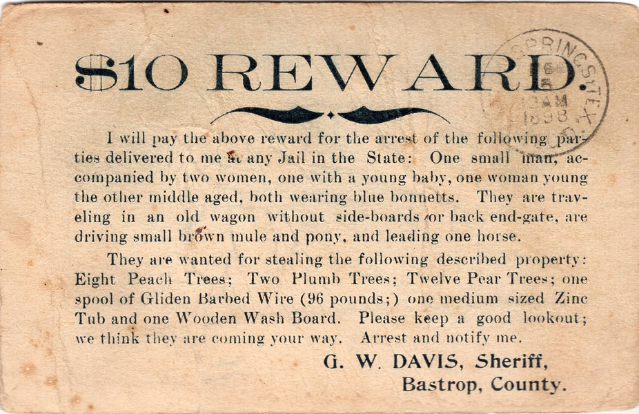 $10 Reward Postcard DAVIS, G. W., SHERIFF OF BASTROP COUNTY, TEXAS