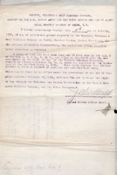 Receipt Of The U.S. Indian Agent For The Union Agency For Map Of Additional Station Grounds At Cairo, I.T Choctaw, Oklahoma & Gulf Railroad Companny