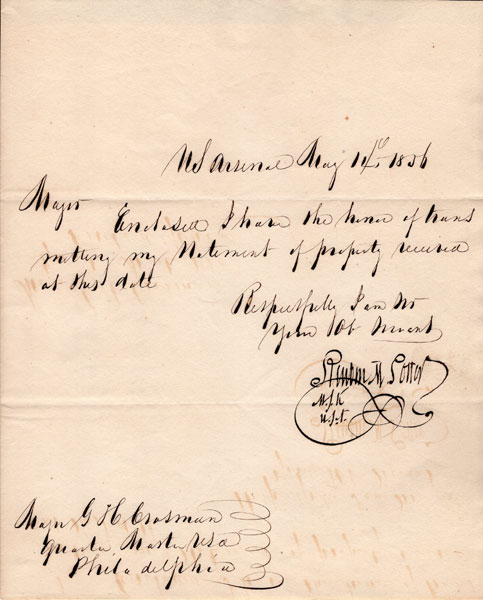 United States Arsenal, Schulykill, New York, Letter Of May 14, 1856 From Captain Potter To Major George H. Crosman, Chief Quartermaster At The Philadelphia Depot Concerning Supplies CAPTAIN REUBEN MARMADUKE POTTER
