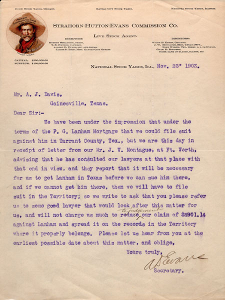 Typed & Signed Letter On Strahorn-Hutton-Evans Commission Co., Live Stock Agent, Trying To Collect A Past Due Account EVANS, ALBERT D. [SEC AND TREAS]