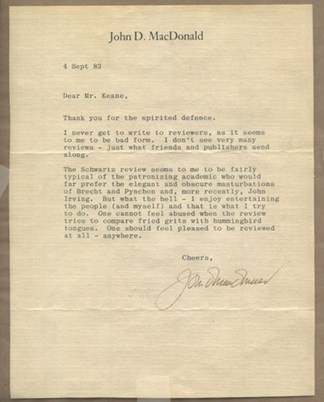 Typed Letter Signed. JOHN D. MACDONALD