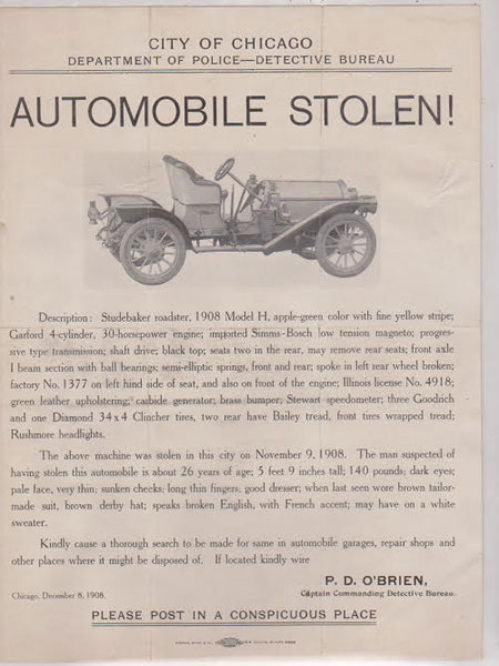 1908 Model H Studebaker Roadster Stolen! Pictorial Broadside O'BRIEN, P. D. [CAPTAIN COMMANDING DETECTIVE BUREAU]