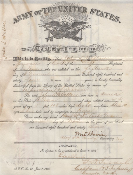 Scarce Discharge Document For Private John L. Wallace At Fort Mcintosh, Texas, 1897 And Signed By Brigadier General Wirt Davis DAVIS, MAJOR WIRT [COMMANDER 5TH CAVALRY]