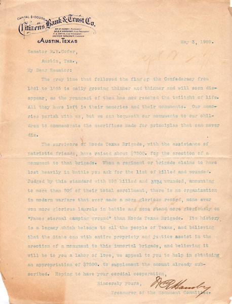 Typed Letter From William Robert Hamby To Senator R. E. Cofer, Dated May 3, 1909. WILLIAM R. ROBERT HAMBY
