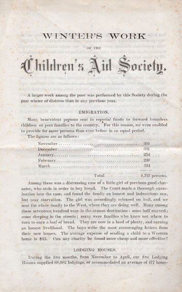 Winter's Work Of The Children's Aid Society, May 30, 1874 BRACE, CHARLES L. [SECRETARY, CHILDREN'S AID SOCIETY]