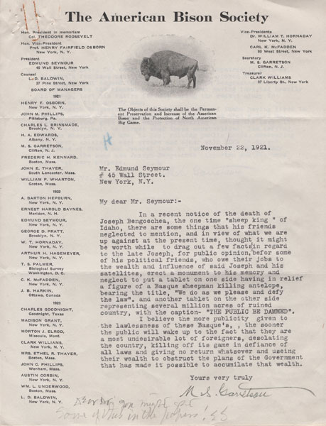 Signed Letter And Position Statement From The Secretary Of The American Bison Society. Martin S. Garretson, On The Destruction Of Wildlife Habitat In The West By Basque Sheepmen MARTIN S. GARRETSON