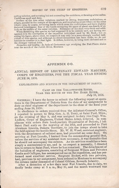 Annual Report Of Lieutenant Edward Maguire, Corps Of Engineers, For The Fiscal Year Ending June 30,1876. Explorations And Surveys In The Department Of Dakota. Camp On The Yellowstone River, Near The Mouth Of The Big Horn River, July 10, 1876. LIEUTENANT EDWARD MAGUIRE
