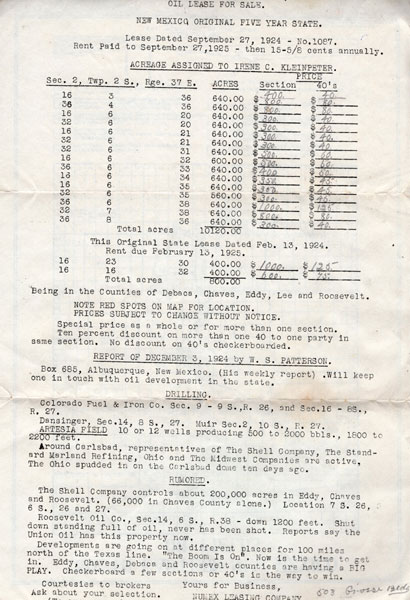 Oil Lease For New Mexico Acreage, 1924 KLEINPETER, IRENE C. [ACREAGE ASSIGNED TO]