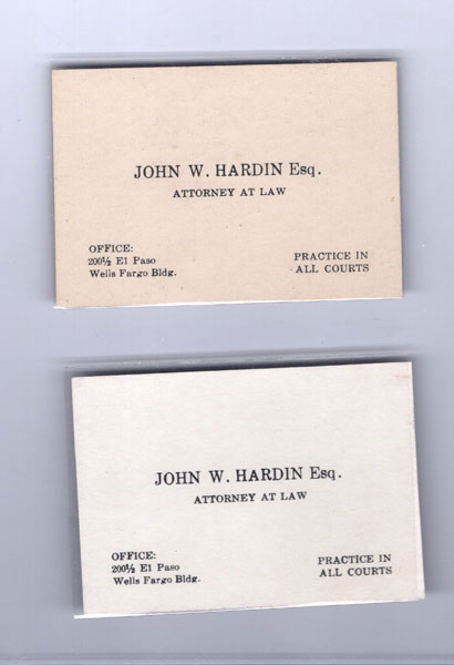 Two Calling Or Business Cards For John W. Hardin Esq. / Attorney At Law JOHN WESLEY HARDIN