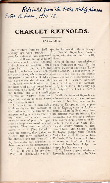 Life Of Charley Reynolds: Soldier, Hunter, Scout, And Guide JOHN E. AND GEORGE J. REMSBURG REMSBURG