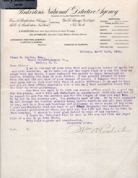 Important Letter To Frank Canton From William Pinkerton, Dated April 12th, 1895, Regarding Tom Horn WILLIAM A. PINKERTON