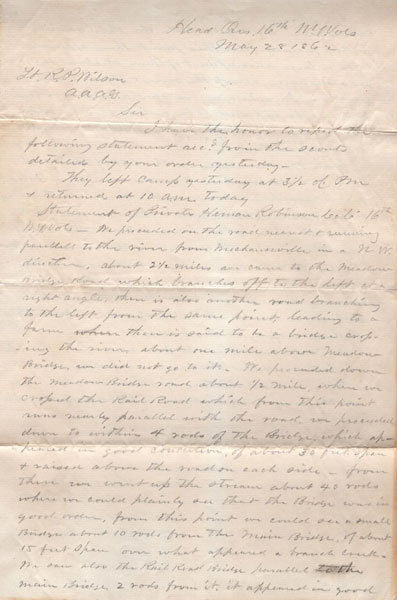 Civil War Scouting Report, May 28, 1862 MOORE, SCOTT P., ACTING ADJUTANT, 2ND LIEUTENANT, COMPANY C, 16TH NEW YORK VOLUNTEERS