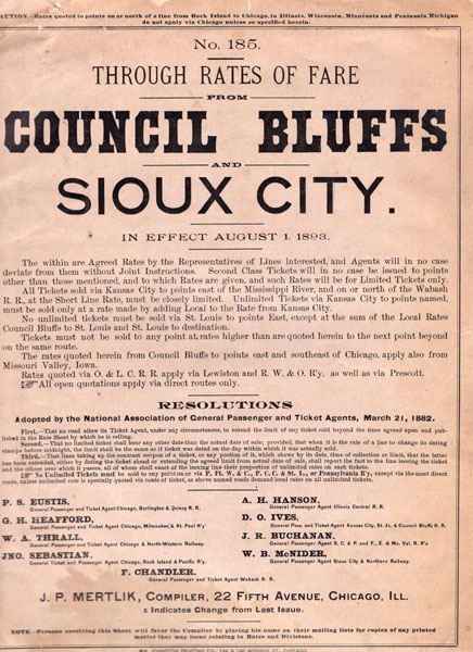 Through Rates Of Fare From Council Bluffs And Sioux City. In Effect August 1,1893. (Caption Cover Title) MERTLIK, J. P. [COMPILER]