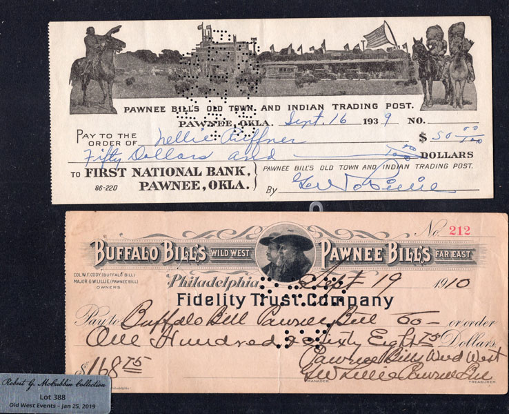 Two Handwritten Checks Signed As By G. W. Lillie And Pawnee Bill GORDON W. "PAWNEE BILL" LILLIE