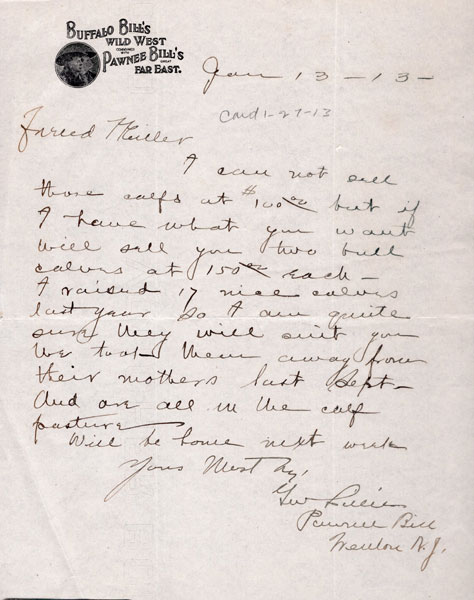 Handwritten In Ink Letter From G. W. Lillie / Pawnee Bill To Friend Miller GORDON W. "PAWNEE BILL" LILLIE