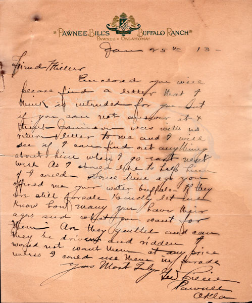 Handwritten In Ink Letter From G. W. Lillie / Pawnee Bill To Friend Miller GORDON W. "PAWNEE BILL" LILLIE