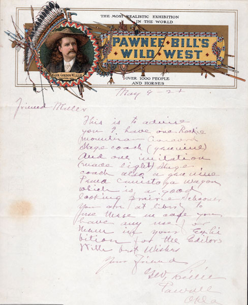 Handwritten In Ink Letter From G. W. Lillie / Pawnee Bill To Friend Miller GORDON W. "PAWNEE BILL" LILLIE