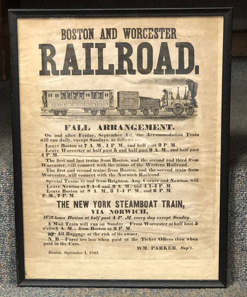 Original Broadside Of The Boston And Worcester Railroad PARKER, WILLIAM [SUPERINTENDENT]