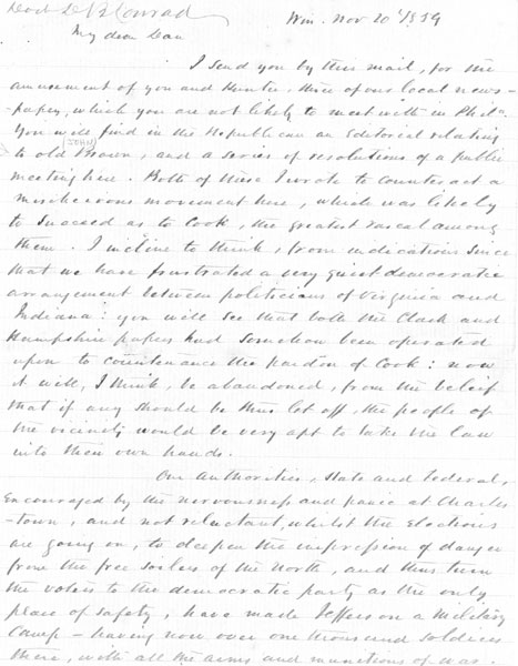 Autographed Letter Signed November 20, 1859, By Judge Robert Young Conrad (1805-1875), Winchester, Virginia To His Son, Dr. Daniel Burr Conrad (1831-1898), Who Was In Post-Doctoral Study In Philadelphia At The University Of Pennsylvania. Good Content About The Fallout Of The Failed Attempt By John Brown To Cause A Slave Insurrection By His Raid On The Harpers Ferry Federal Arsenal JUDGE ROBERT YOUNG CONRAD