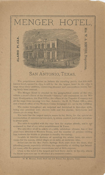 Menger Hotel, Alamo Plaza, Mrs. W. A. Menger, Proprietress, San Antonio, Texas MRS W. A. MENGER