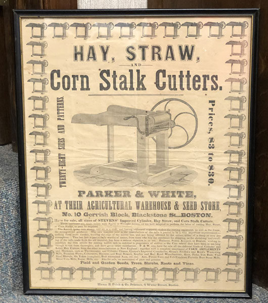 Hay, Straw, And Stalk Cutters. Broadside For Parker & White, At Their Agricultural Warehouse & Seed Store, No. 10 Gerrish Block, Blackstone St.....Boston PARKER & WHITE