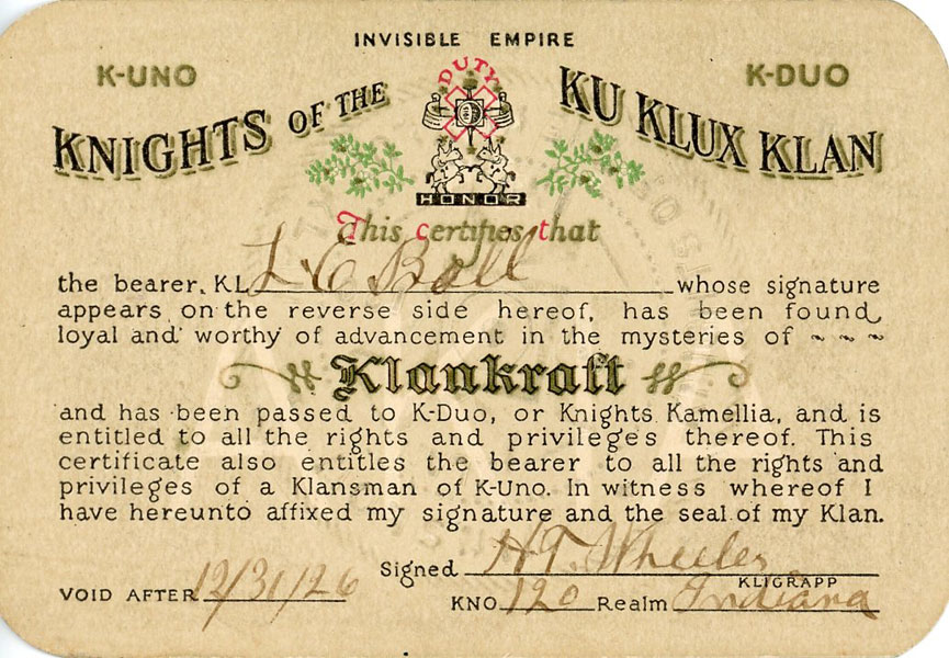 Membership Card For The Knights Of The Ku Klux Klan Wheeler, H.T.