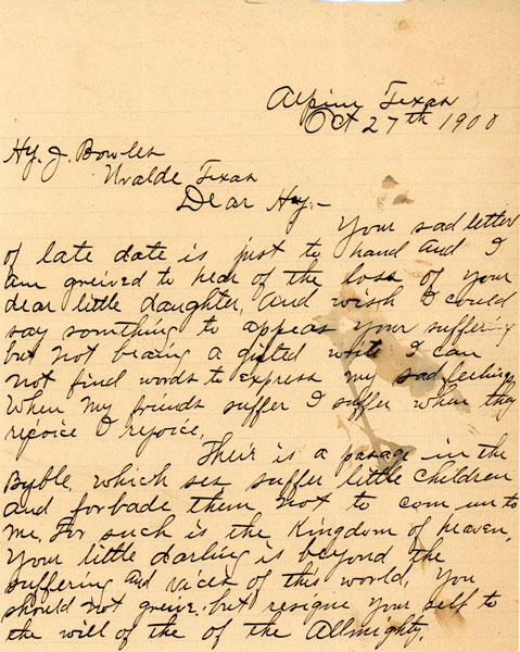 Three Page Autographed Letter From James B. Gillett To Hy J. Bowles Of Uvalde, Texas, Dated October 27, 1900 JAMES B. GILLETT