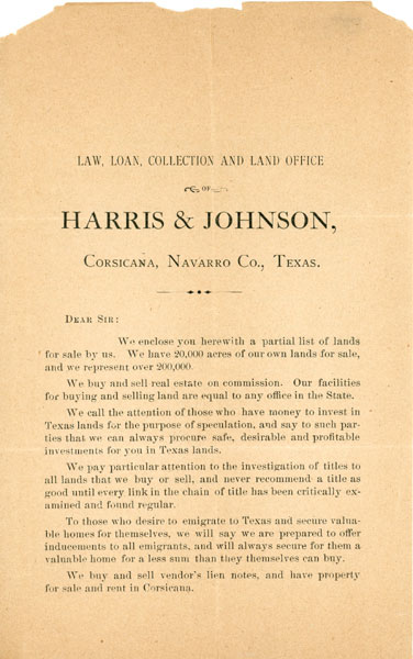 Law, Loan, Collection And Land Office Of Harris & Johnson, Corsicana, Navarro Co., Texas HARRIS & JOHNSON