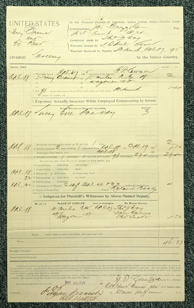 United States Arrest Warrant,  United States Vs. Perry Brewer And Ed Reed For Larceny. George P. Lawson, Deputy U. S. Marshal At Fort Smith, Arkansas, April 23, 1895 , Arrest Warrant And Expense Voucher For Serving The Warrant DEPUTY U. S. MARSHAL GEORGE P. LAWSON