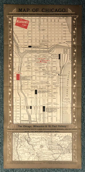Map Of Chicago. Showing Location Of Railway Passenger Stations, Principal Hotels, Places Of Amusement, Etc., Etc CHICAGO RAILWAY COMPANY