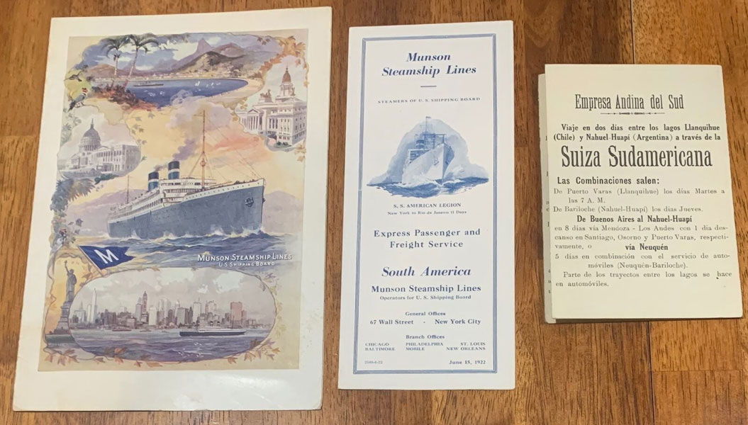 1922 South America Trip Ephemera ... Two Maps, Menu, Timetable & Brochure Various
