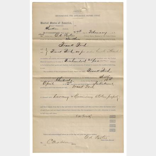 Recognizance Bond Signed By U. S. Marshals Chris Madsen And G. A. Porter CHRIS AND G. A. PORTER MADSEN
