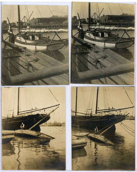 Seven Photographs Showing The 35' Sailboat "Avalon" Before And After Being Wrecked At Its Moorage In Aberdeen, Washington Harbor MACKENZIE, COLIN S. [PHOTOGRAPHER]