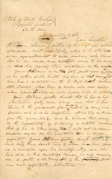 Petition For Military Exemption - 1863-1864. South Carolina, Edgefield District WALKER, WILLIAM J. [PETITIONER]