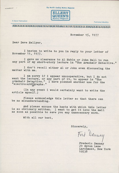 A Full-Page Typed Letter On "Ellery Queen" Letterhead DANNAY, FREDERIC [ELLERY QUEEN]