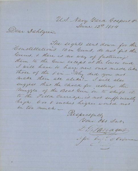 Rear Admiral U.S.N. David Farragut's One Page Autographed Letter To Commander John Dahlgren, Officer In Charge Of Ordnance Manufacturing At The Washington Navy Yard. Sent From Gosport, Virginia, June 12th, 1854 FARRAGUT, REAR ADMIRAL U.S.N., DAVID