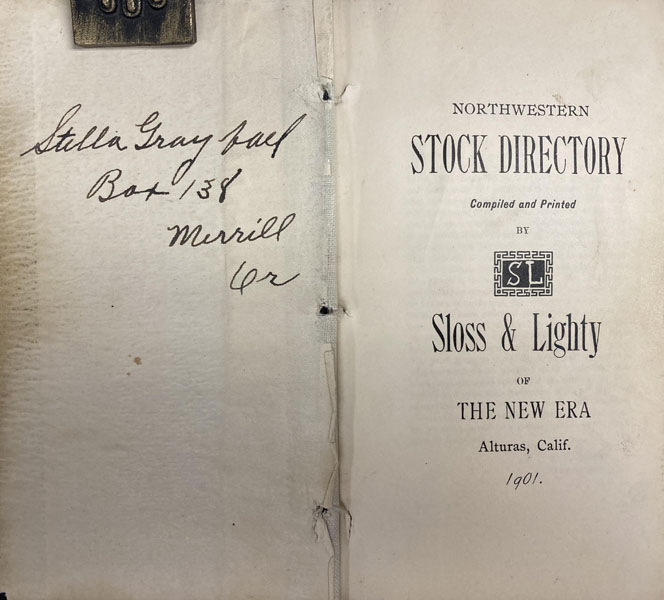Northwestern Stock Directory Brand Book SLOSS, R. L. AND MAY LIGHTY [COMPILED AND PRINTED BY]