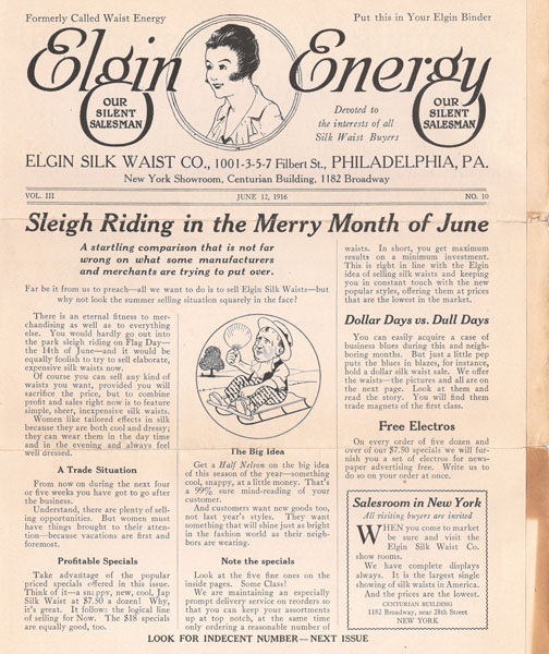 1916 Elgin Silk Waist Company Newsletter. Formerly Called Waist Energy. Elgin Silk Waist Company, Philadelphia, Pennsylvania
