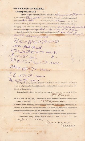 1874 Contract For A Cattle Drive With Brands And Marks WILLIAM HARMAN