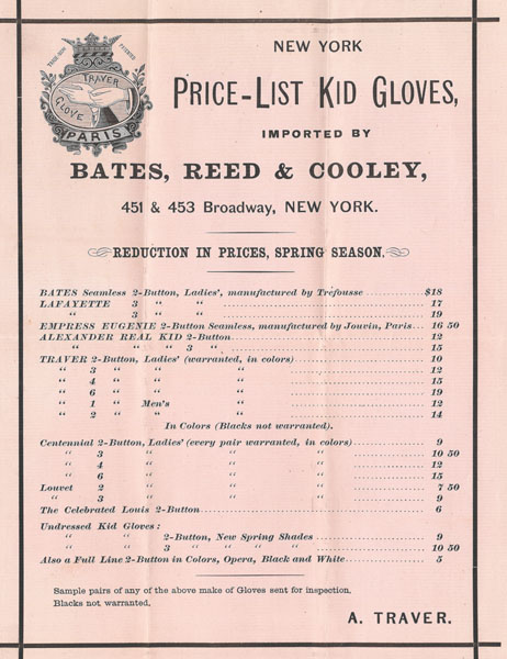 New York Price-List Kid Gloves, Imported By Bates, Reed & Cooley Bates, Reed & Cooley, New York City, New York