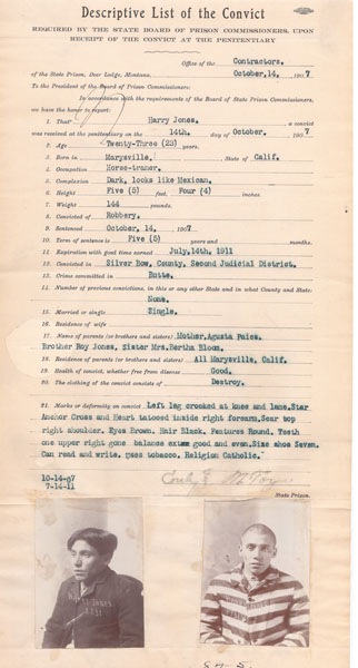 Descriptive List Of A Convict Required By The State Board Of Prison Commissioners, Upon Receipt Of The Convict At The Penetentiary STATE PRISON, DEER LODGE, MONTANA