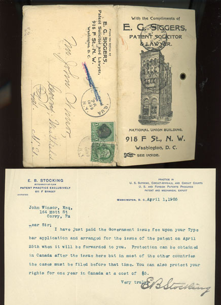 Patent For An Improvement In Type Bars And Supports For A Type-Writer, Submitted By John Winsor Of Pennsylvania In 1898 SIGGERS, E.G. [PATENT SOLICITOR & LAWYER]