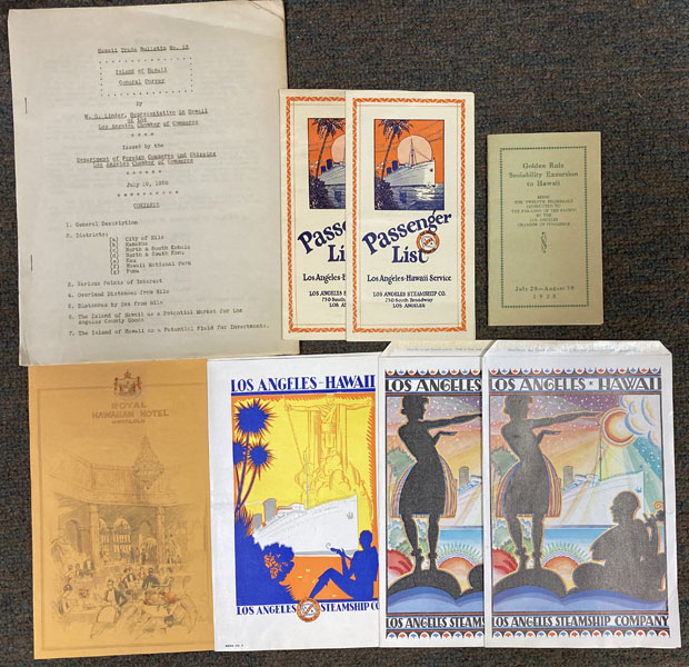 Golden Rule Sociability Excursion To Hawaii Being The Twelfth Pilgrimage Conducted To The Paradise Of The Pacific By The Los Angeles Chamber Of Commerce; (2) Passenger List. Los Angles - Hawaii Service; Passenger List, Los Angeles - Hawaii Service And Showing 3-Day Inter-Island Trip ... (2 Copies); (3) Hawaii Trade Bulletin No. 13; (4) S.S. City Of Honolulu Entertainment Programme, Voyage 16. Enroute Los Angeles Top Honolulu (2 Copies); (5)  S.S. City Of Honolulu, Captain Arthur Self, Dinner, Voyage 16 (Menu); (6) Royal Hawaiian Hotel Honolulu, Menu, Dinner, Friday, August 10th, 1928 ... Honolulu, H.T. & Los Angeles, Ca: Los Angeles Chamber Of Commerce, Lost Angeles Steamship Co., Territorial Hotel Co., Ltd., 1928 Eastman, George L., Bent, Arthur S., Bayer, Charles P., Linder, Max G. Et Al